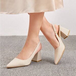 Women's Beige Slingback Block Heel Pumps